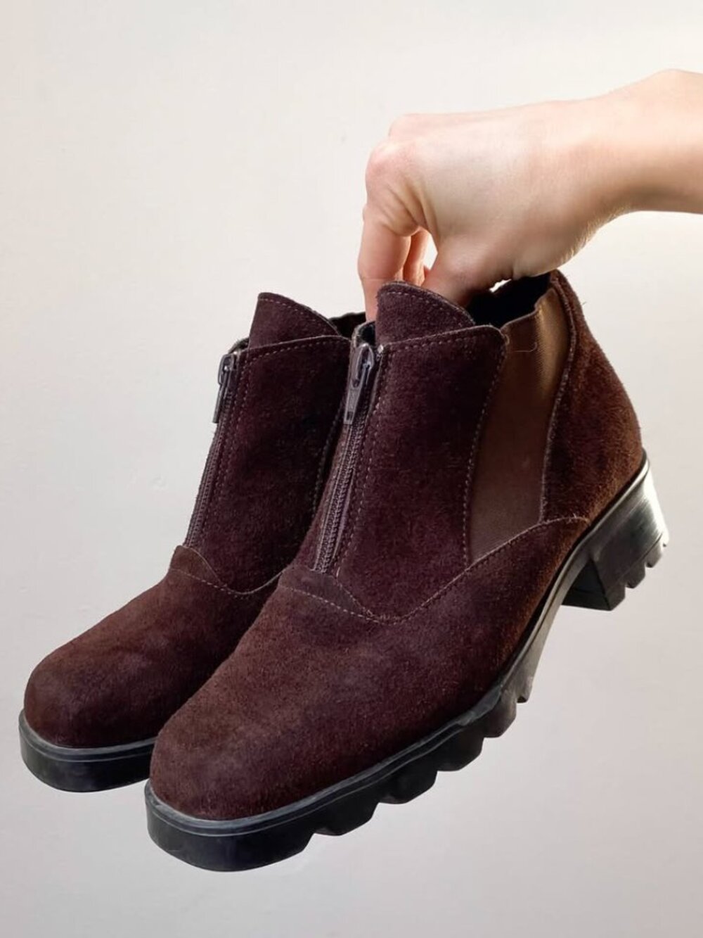 Vintage 90s Barbo Brown Suede Ankle Boots with Front Zipper 7 US Made in Canada